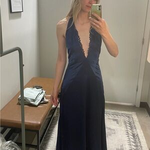 Elegant Navy Blue Silk Halter Dress